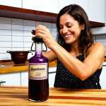 **

A brightly lit kitchen scene showcasing the joy of homemade liqueur. A woman, smiling, carefully pours a dark purple jabuticaba liqueur from a glass jar into an elegant crystal glass. Ripe jabuticabas are scattered on a wooden countertop, alongside other ingredients like spices and sugar. In the background, sanitized brewing equipment gleams. The overall feeling is warm, inviting, and slightly rustic. A Portuguese tile pattern is subtly visible in the background.

**