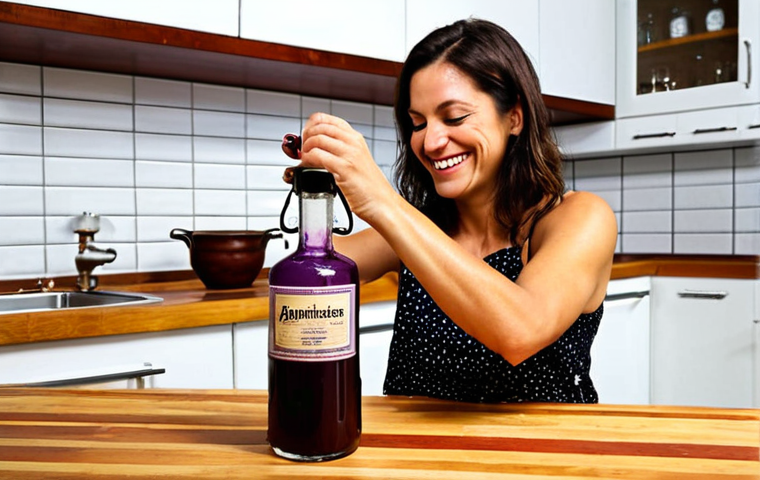 **

A brightly lit kitchen scene showcasing the joy of homemade liqueur. A woman, smiling, carefully pours a dark purple jabuticaba liqueur from a glass jar into an elegant crystal glass. Ripe jabuticabas are scattered on a wooden countertop, alongside other ingredients like spices and sugar. In the background, sanitized brewing equipment gleams. The overall feeling is warm, inviting, and slightly rustic. A Portuguese tile pattern is subtly visible in the background.

**