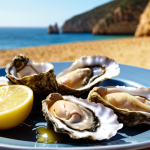 Homemade Liquor & Seafood Pairing**

*   **Prompt:** Close-up shot of fresh Algarve oysters served with a chilled glass of homemade lemon liqueur. Focus on the vibrant colors, the glistening oysters, and the condensation on the glass. A coastal, sunny, and inviting scene. Bright natural lighting. Seafood delicacy.
    *   Consider adding: A blurred background of the Algarve coastline.

**
