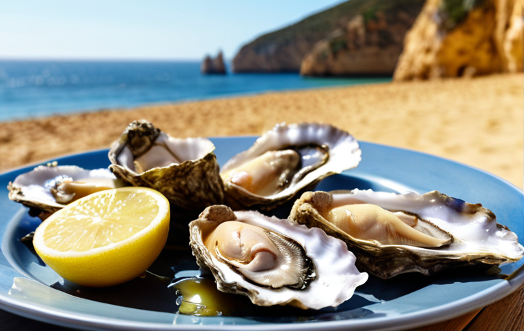 Homemade Liquor & Seafood Pairing**

*   **Prompt:** Close-up shot of fresh Algarve oysters served with a chilled glass of homemade lemon liqueur. Focus on the vibrant colors, the glistening oysters, and the condensation on the glass. A coastal, sunny, and inviting scene. Bright natural lighting. Seafood delicacy.
    *   Consider adding: A blurred background of the Algarve coastline.

**