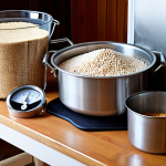 **A home brewing setup with gluten-free grains (sorghum, millet, buckwheat, rice, corn) displayed. Focus on the brewing equipment: a stainless steel pot, fermenting bucket with airlock, thermometer, and hydrometer. A warm, inviting kitchen setting.**