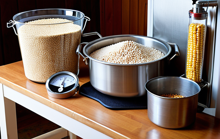 **A home brewing setup with gluten-free grains (sorghum, millet, buckwheat, rice, corn) displayed. Focus on the brewing equipment: a stainless steel pot, fermenting bucket with airlock, thermometer, and hydrometer. A warm, inviting kitchen setting.**