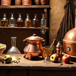 **A cozy, rustic home distillery setup in the Brazilian countryside. Featuring a copper pot still, glass jars, a hydrometer, and various fruits (grapes, apples) and grains displayed. The scene is warmly lit, emphasizing the artisanal nature of homemade cachaça.**