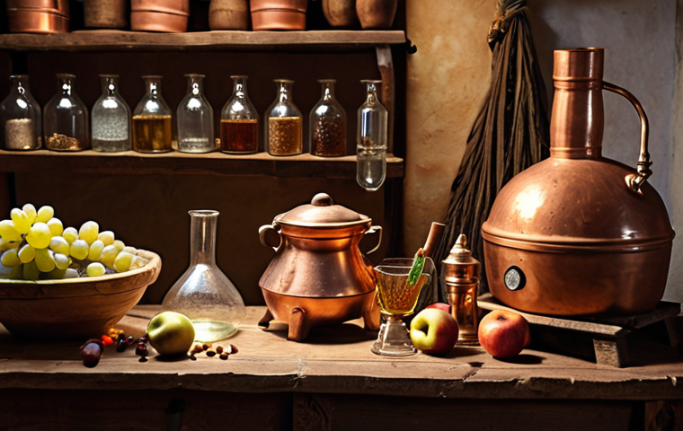 **A cozy, rustic home distillery setup in the Brazilian countryside. Featuring a copper pot still, glass jars, a hydrometer, and various fruits (grapes, apples) and grains displayed. The scene is warmly lit, emphasizing the artisanal nature of homemade cachaça.**