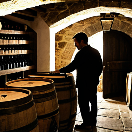 Wine Cellar Scene**

"A traditional Portuguese wine cellar, showcasing various wine barrels and glass bottles aging, dim lighting, stone walls, fully clothed cellar worker inspecting a barrel, safe for work, appropriate content, professional, perfect anatomy, natural proportions, high-quality photography, modest attire, family-friendly atmosphere."

**