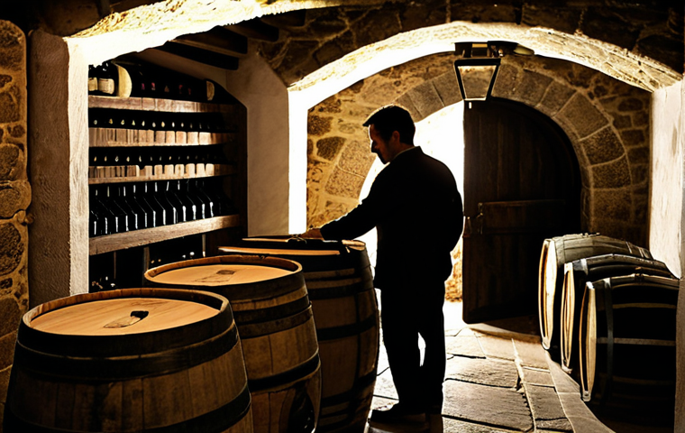 Wine Cellar Scene**
"A traditional Portuguese wine cellar, showcasing various wine barrels and glass bottles aging, dim lighting, stone walls, fully clothed cellar worker inspecting a barrel, safe for work, appropriate content, professional, perfect anatomy, natural proportions, high-quality photography, modest attire, family-friendly atmosphere."
**