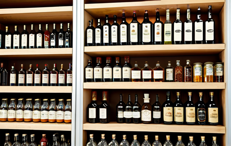 홈메이드 술 보관법 - The Ideal Storage Environment**
"A brightly lit, well-organized pantry shelf. Several dark amber gl...