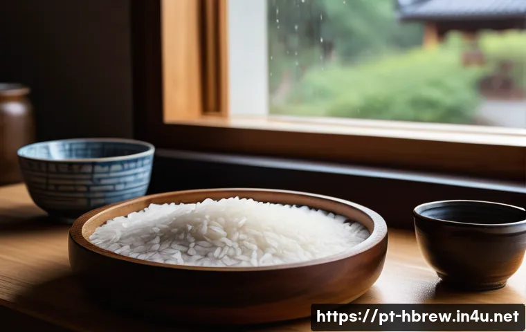 홈메이드 청주 만들기 - A detailed, cozy home brewing scene focused on the process of making sake: a rustic kitchen countert...