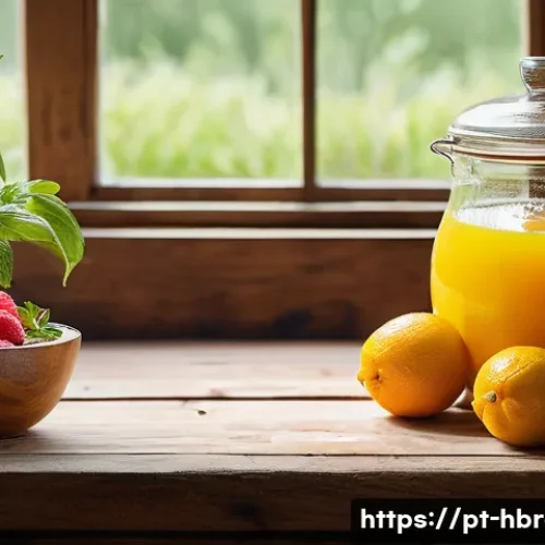 홈메이드 코디얼 만들기 - A rustic kitchen scene featuring a wooden table with an assortment of fresh, ripe fruits such as lem...
