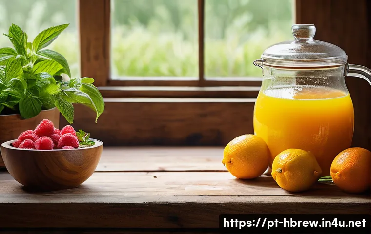 홈메이드 코디얼 만들기 - A rustic kitchen scene featuring a wooden table with an assortment of fresh, ripe fruits such as lem...