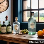 홈메이드 진 제조 과정 - A cozy artisanal gin distillery scene in Portugal, featuring a small copper still with polished surf...