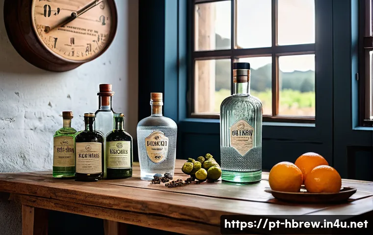 홈메이드 진 제조 과정 - A cozy artisanal gin distillery scene in Portugal, featuring a small copper still with polished surf...