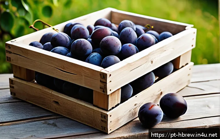 홈메이드 매실주 발효 - A rustic kitchen scene showcasing the selection of ripe plums for homemade liqueur preparation: vibr...
