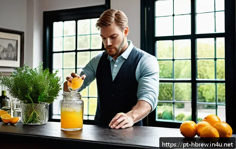 홈메이드 술 블렌딩 기법 - A sophisticated home bar scene with a bartender carefully shaking a cocktail shaker filled with fres...