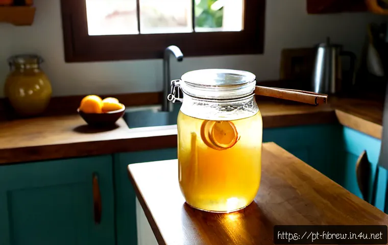 Home 17 홈메이드 미드 벌꿀주 양조 - Photorealistic homemade mead brewing setup in a bright Brazilian home kitchen, clear glass fermentat...